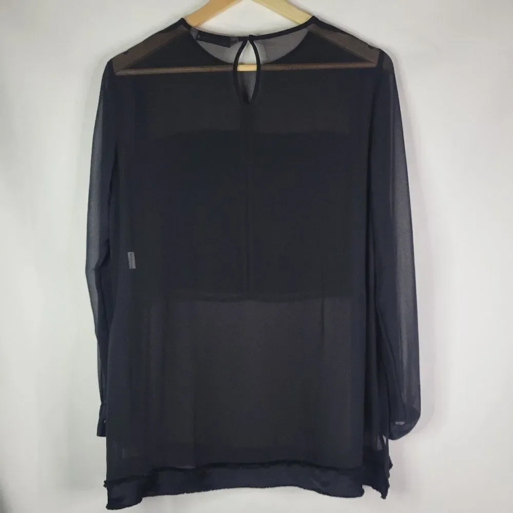 Zara Satin Bust Panel And Trim Sheer Black Chiffon Long Sleeve Blouse - Picture 5 of 12